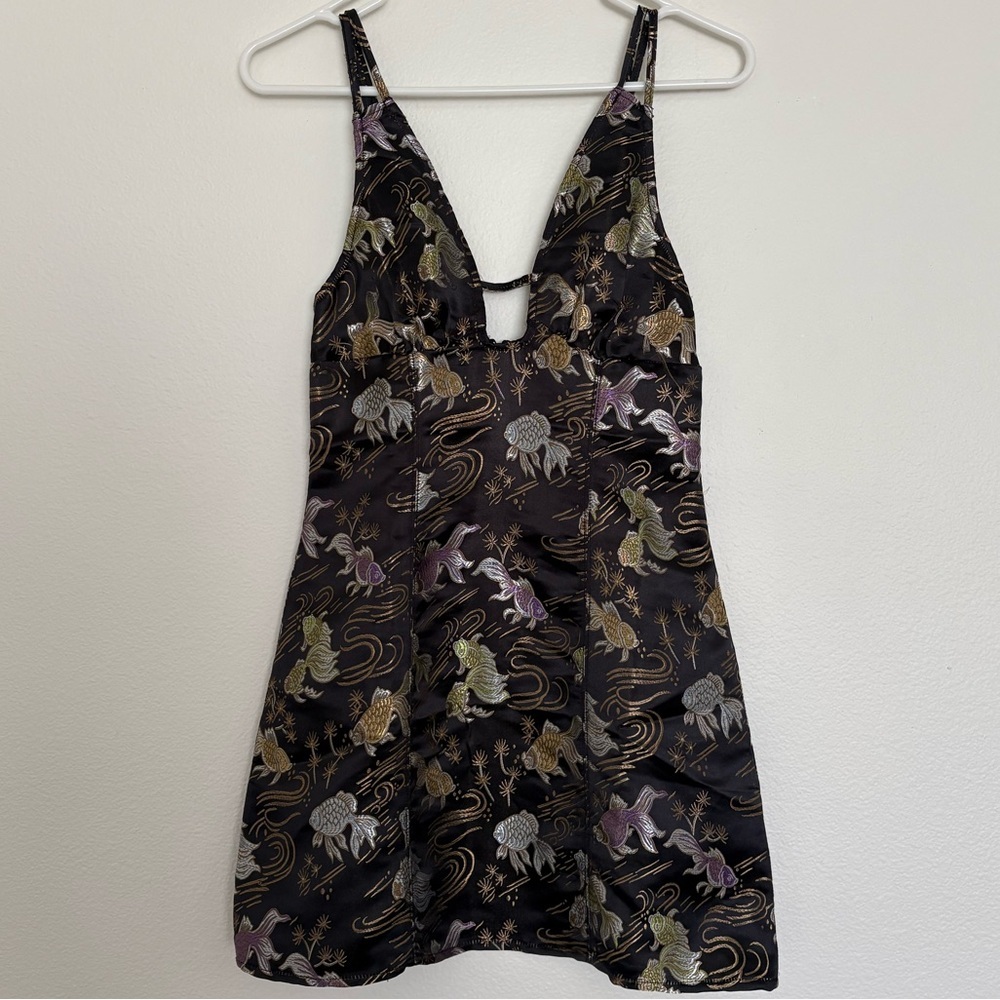 Urban Outfitters Cassie Satin Strappy Dress W/ Metallic Black and Gold Koi Fish
